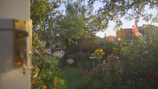 A door opening onto a sunny garden with flowers and various plants surrounding a bird bath
